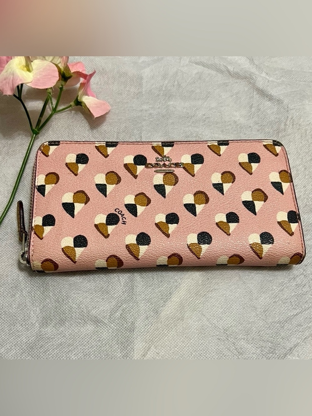 COACH Pink Heart Pattern Continental Zip Wallet